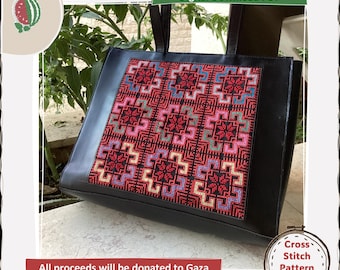 May include: A black tote bag with a colorful cross stitch pattern on the front. The pattern features red, pink, blue, green, and yellow colors. The text "Digital Download PDF" and "Cross Stitch Pattern ONLY" is visible in the image. The text "All proceeds will be donated to Gaza" is also visible.
