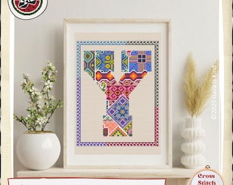 Letra Y de Tatreez / Motivos palestinos / Tatreez / Bordado / Arte mural / Patrón de punto de cruz / Descarga digital instantánea en PDF