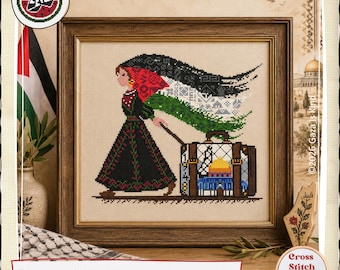 Palestinian Woman  Traveling| Nakba | Tatreez | Thoub| Embroidery | Wall Art | Cross Stitch Chart | Instant Digital Download PDF