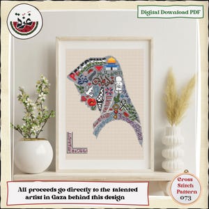 Puede incluir: Patrón de punto de cruz enmarcado con un diseño estilizado que incluye texto y símbolos. El diseño incluye las palabras "Jerusalén" y "Libertad". También se incluye el texto "Todos los beneficios van directamente al talentoso artista de Gaza detrás de este diseño".