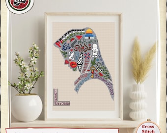 Palestijnse vrouw | Symbolen van verzet | Tatreez | Modern | Borduurwerk | Muurkunst | Kruissteektabel | Directe digitale download pdf