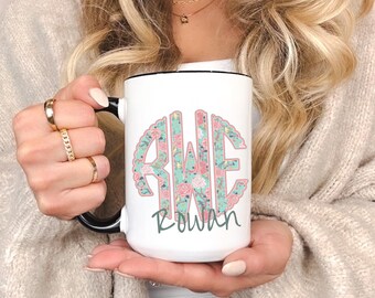 Custom Initials Pink Floral Scallop Monogram Mug, Personalized Name Coffee Cups