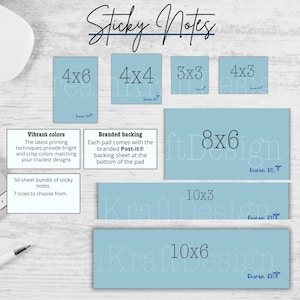 May include: Light blue sticky notes in various sizes, including 4x6, 4x4, 3x3, 4x3, 8x6, 10x3, and 10x6 inches. The notes feature vibrant colors and branded Post-it backing. The text says "Sticky Notes".