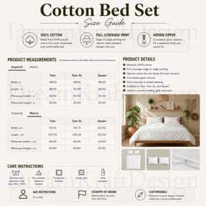 Cotton Bed Set Size Chart Care Guide, Cotton Bed Set Bedding Product Information, Duvet Cover Size Chart