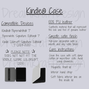 May include: A Kindle case with the text "Kindle Case" and product details. The case is compatible with Kindle Paperwhite 7" and other models. Features include a magnetic front lid, interior hand strap, and soft fabric interior.