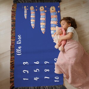 Aangepaste naam Inchworm Baby mijlpaal geweven deken Leuke maand groeimeter & aandenken babydeken pasgeboren foto prop kraamcadeau