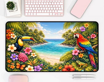 Alfombrilla de escritorio con diseño tropical vibrante de playa, con tucán y loro, floral, costera