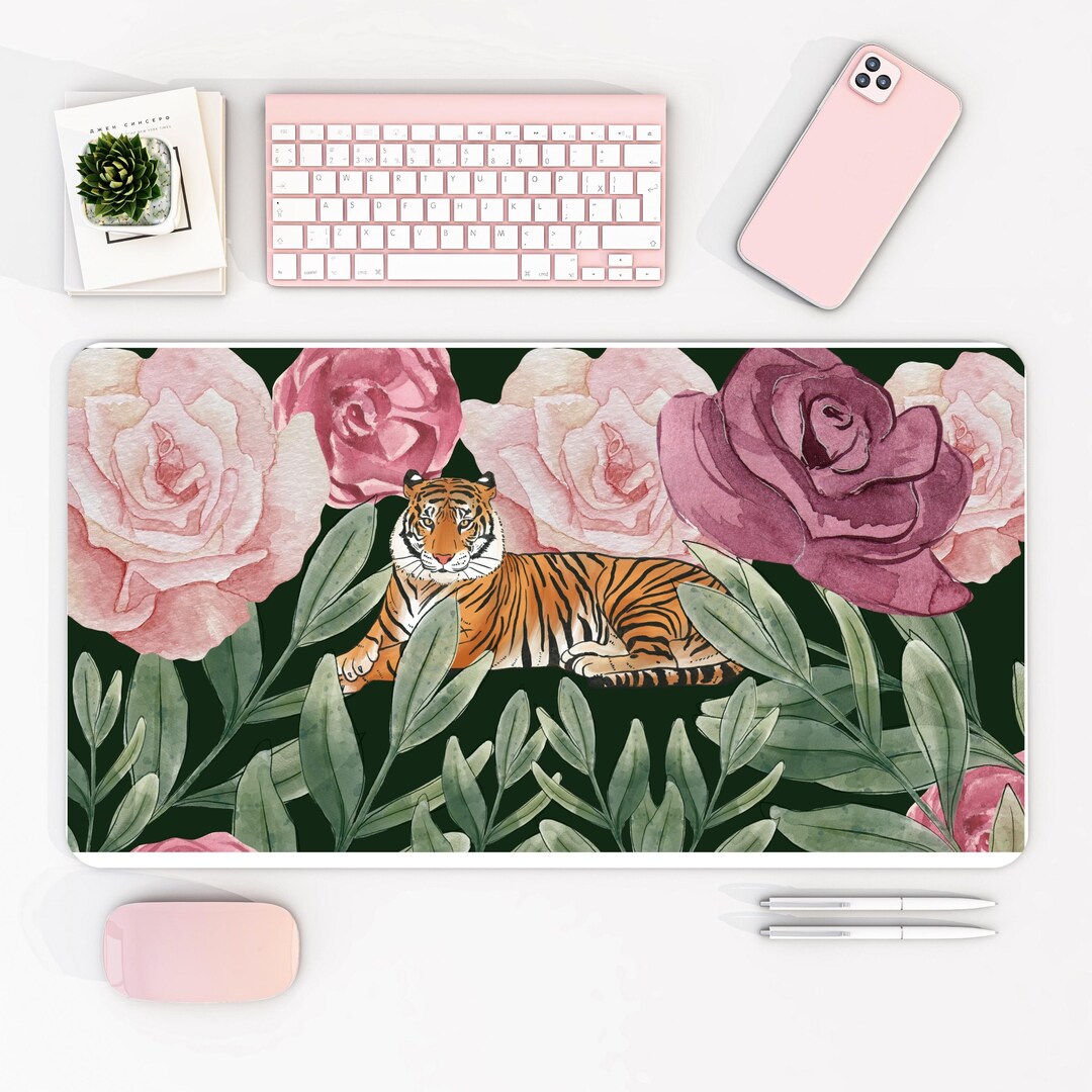Computer Mat Tiger Tiger Desk Mat With Pink Peonies Large Floral Mouse Pad Office Decor ...