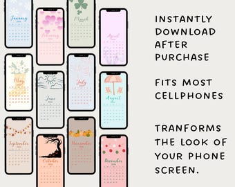 Puede incluir: Un paquete de 12 fondos de pantalla mensuales para teléfonos móviles. Cada mes presenta un diseño único, incluyendo temas florales, estacionales y festivos. El texto dice "Descarga Instantánea Después de la Compra" y "Se adapta a la mayoría de los teléfonos".