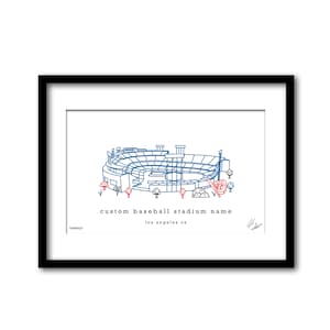 May include: A line drawing illustration of a baseball stadium in blue and red. The stadium is labeled "custom baseball stadium name" and "los angeles ca".