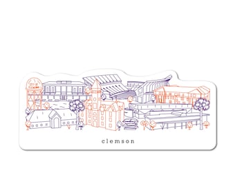 May include: A line drawing illustration of Clemson University's campus, featuring the iconic water tower, stadium, and other buildings. The illustration is in purple and orange, with the word "clemson" at the bottom.