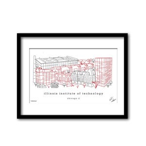 May include: A line drawing of the Illinois Institute of Technology campus in Chicago, Illinois. The drawing is in black and red, with the buildings and trees outlined in black and the details filled in with red.