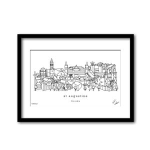 May include: A black and white line drawing illustration of the city skyline of St. Augustine, Florida. The illustration depicts buildings, trees, and a fountain.