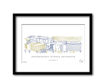 Peut inclure: Une illustration au trait de l'Université du Nord-Est de l'Illinois à Chicago, Illinois. Le dessin est en bleu et jaune et montre les bâtiments de l'université.