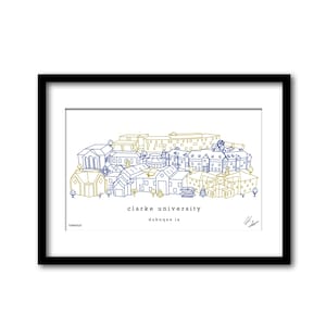 Peut inclure: Une illustration au trait de l'université Clarke à Dubuque, Iowa. L'illustration est en bleu et jaune et montre les bâtiments du campus.