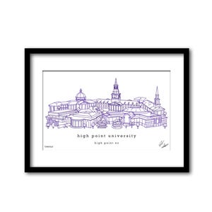 May include: A line drawing of High Point University in High Point, NC. The drawing is in shades of purple and shows the university's main buildings.