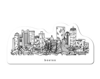 May include: Black and white illustration of the Boston skyline, featuring iconic buildings, bridges, and landmarks. The word "boston" is printed in a simple font at the bottom of the image. The image is on a white background.