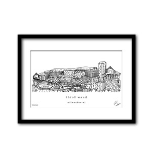 Könnte beinhalten: Schwarz-weiß-Zeichnung der Skyline des Third Ward in Milwaukee. Die Illustration zeigt Gebäude, Straßen und einen Fluss. Der Text "third ward" und "milwaukee wi" ist in der Abbildung enthalten.
