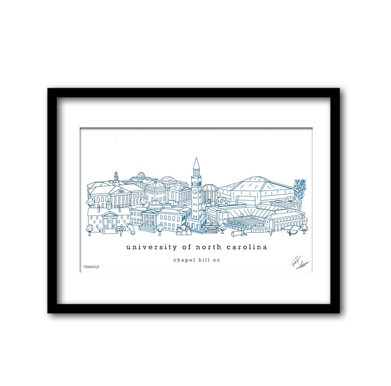 May include: A black and white line drawing of the University of North Carolina campus in Chapel Hill, North Carolina. The drawing includes the bell tower, the Dean Dome, and other buildings. The text "university of north carolina" and "chapel hill nc" is included in the drawing.