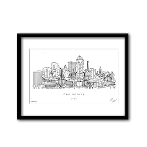 Könnte beinhalten: Eine Schwarzweiß-Zeichnung der Skyline von Des Moines, Iowa. Die Zeichnung zeigt mehrere Gebäude, darunter das State Capitol Building, das Des Moines Art Center und das Baseballstadion Principal Park.