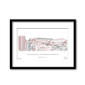 University of Massachusetts Campus Skyline Artwork Graduation Gift Wall Decor