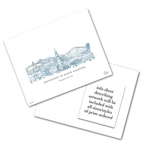 May include: A line drawing illustration of the University of North Carolina at Chapel Hill campus skyline. The drawing is in blue ink on a white background. The text "university of north carolina" and "chapel hill nc" is included in the drawing.
