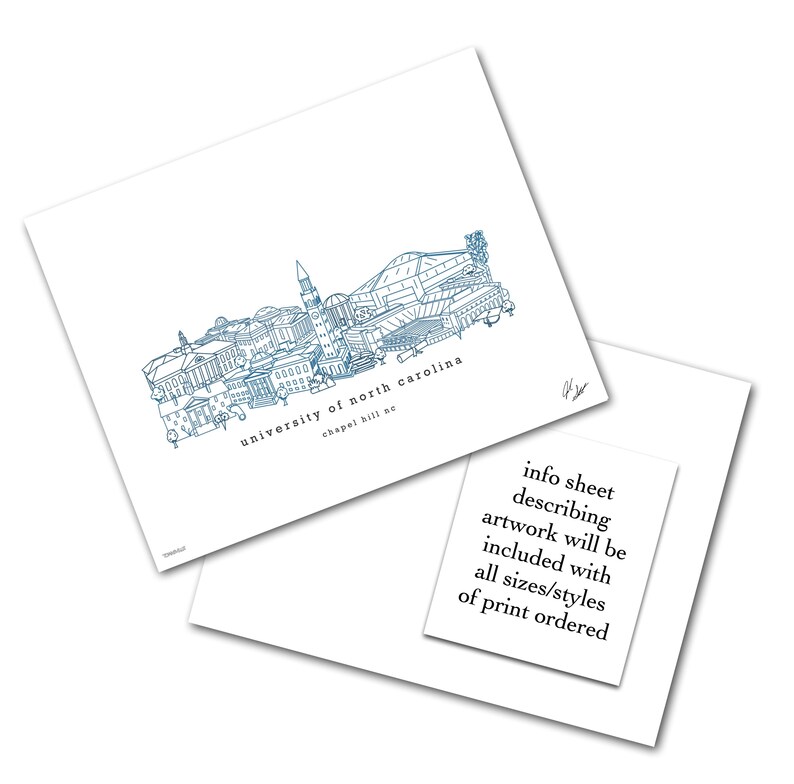 May include: A line drawing illustration of the University of North Carolina at Chapel Hill campus skyline. The drawing is in blue ink on a white background. The text "university of north carolina" and "chapel hill nc" is included in the drawing.