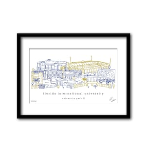 May include: A line drawing illustration of Florida International University's campus in University Park, Florida. The illustration is in blue and gold, the school's colors, and features the football stadium, other buildings, and palm trees.