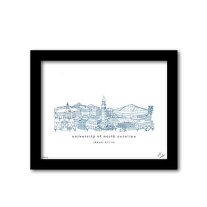 May include: A black and white line drawing of the University of North Carolina campus in Chapel Hill, North Carolina. The drawing includes the bell tower, the Dean E. Smith Centre, and other buildings.