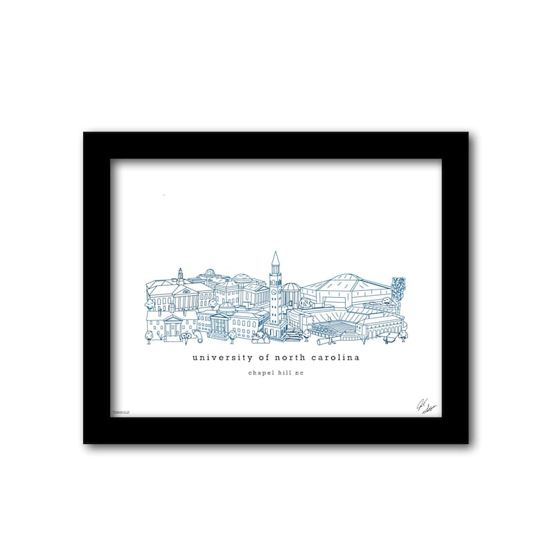 May include: A black and white line drawing of the University of North Carolina campus in Chapel Hill, North Carolina. The drawing includes the bell tower, the Dean E. Smith Centre, and other buildings.