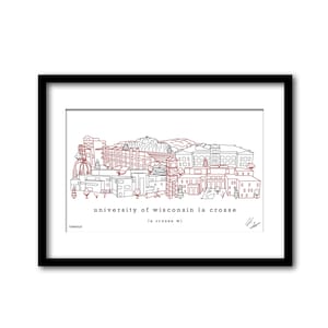 May include: A black and white line drawing of the University of Wisconsin-La Crosse campus, with red accents. The drawing includes several buildings, trees, and the text "university of wisconsin la crosse" and "la crosse wi".