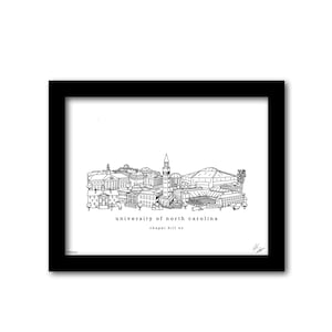 May include: Black and white line drawing illustration of the University of North Carolina campus in Chapel Hill, NC. The drawing includes the bell tower, buildings, and the football stadium.