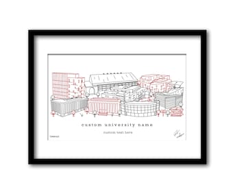 May include: A black and white line drawing of a university campus with red accents. The drawing includes several buildings, including a stadium, a library, and a dormitory. The text "custom university name" and "custom text here" is included in the image.