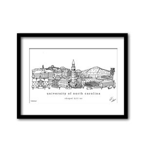 May include: Black and white line drawing illustration of the University of North Carolina campus in Chapel Hill, North Carolina. The drawing includes the bell tower, buildings, and the Dean Smith Centre.