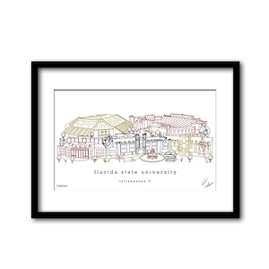 May include: A line drawing illustration of Florida State University campus buildings in Tallahassee, Florida. The buildings are drawn in black, red, and yellow. The illustration includes the text "Florida State University" and "Tallahassee, FL".