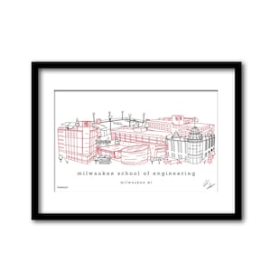 May include: Line drawing illustration of the Milwaukee School of Engineering campus in red and black. The text "milwaukee school of engineering" and "milwaukee wi" are included in the image.