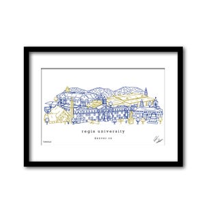 May include: A line drawing illustration of Regis University in Denver, Colorado. The illustration is in blue and gold and depicts the campus buildings and surrounding landscape.