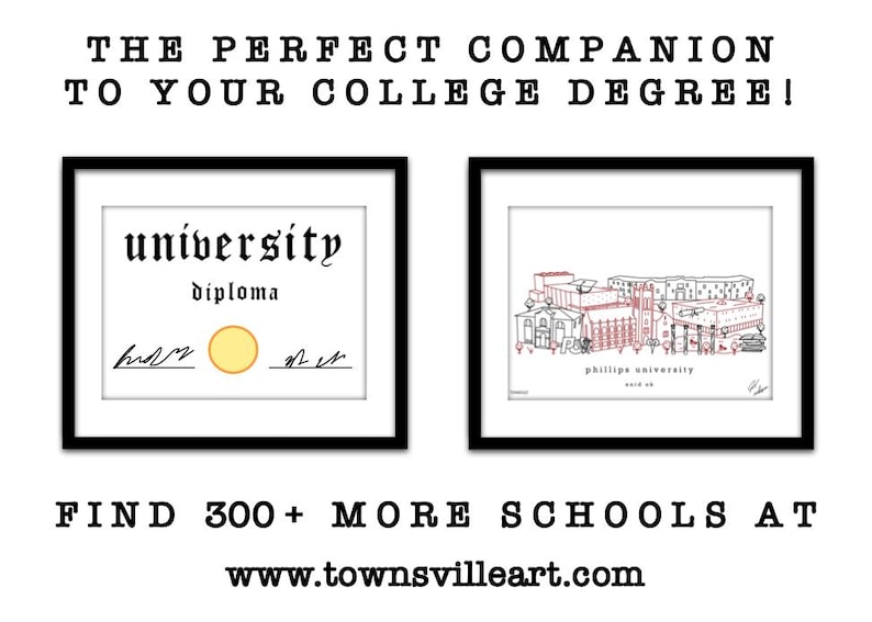 May include: Two framed prints, one with a black and white illustration of a university diploma and the other with a red line drawing of a university building. The text "university diploma" is in black gothic font. The text "phillipe university" is in red. The text "FIND 300+ MORE SCHOOLS AT www.townsvilleart.com" is in black.