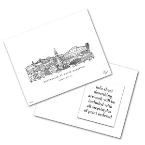May include: Black and white line art illustration of the University of North Carolina campus in Chapel Hill, North Carolina. The illustration includes several buildings, including the bell tower and the Dean E. Smith Centre.