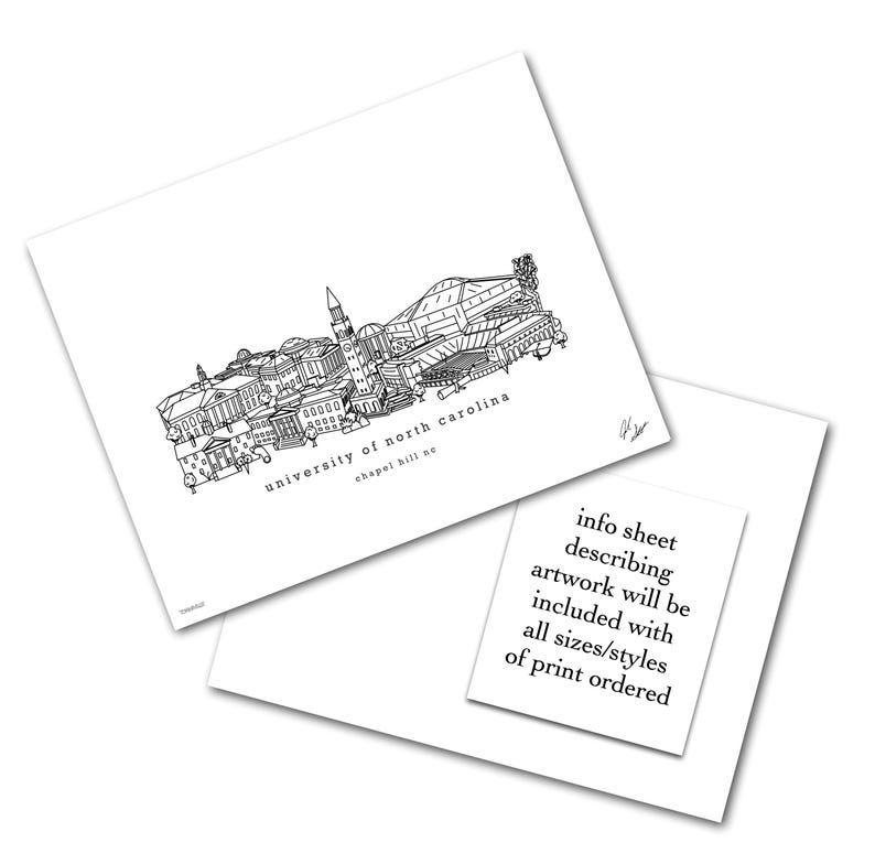May include: Black and white line art illustration of the University of North Carolina campus in Chapel Hill, North Carolina. The illustration includes several buildings, including the bell tower and the Dean E. Smith Centre.