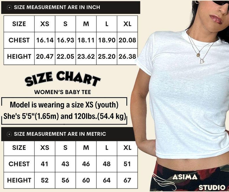 May include: A white baby tee with a size chart in inches and centimeters. The chart shows chest and height measurements for sizes XS to XL. The model is wearing an XS (youth) and is 5'5" (1.65m) and 54.4 kg.
