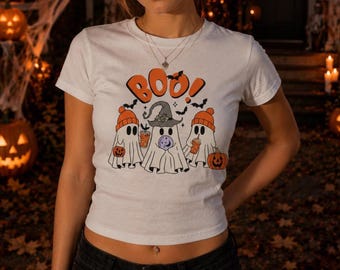 Halloween Baby Tee, Kids Crop Top Youth Shirt, Scary Ghost Gift for Women, Halloween Shirt, Youth Halloween Tee