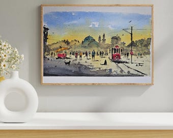 Original Istanbul Watercolor Painting: City Tram Street Scene, Urban Landscape Wall Art (8x13 in)