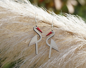 Boucles d'oreilles cigogne | Boucles d'oreilles pendantes en bois | Bijoux en bois | Bijoux naturels | Bijoux cigogne | Alsace