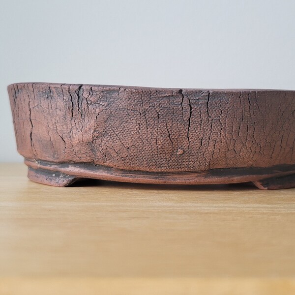 Cracked textured oval bonsai pot, red clay with iron oxide
