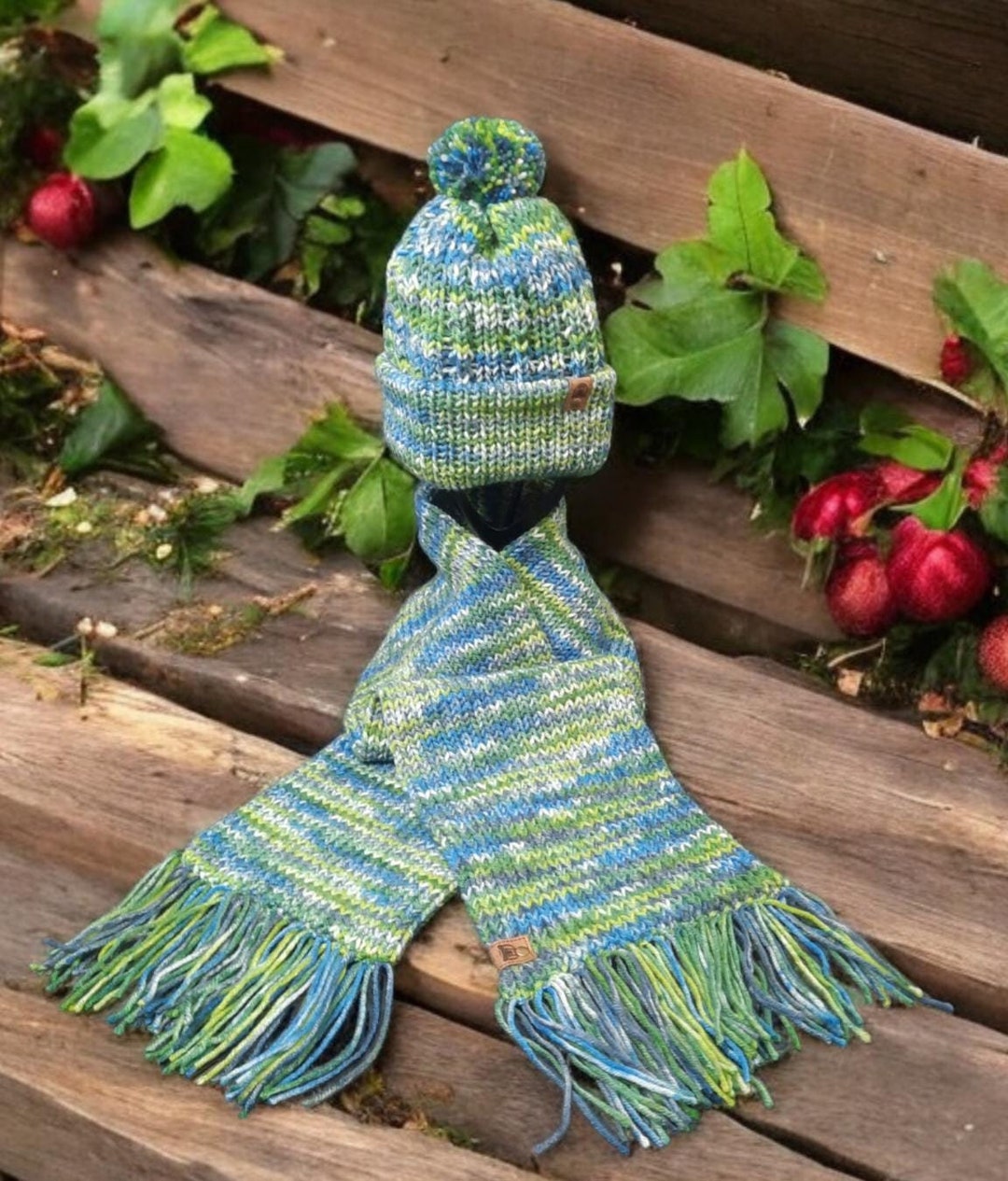 Handmade Knit Hat and Scarf Set: Blue Green Multi Acrylic - Etsy