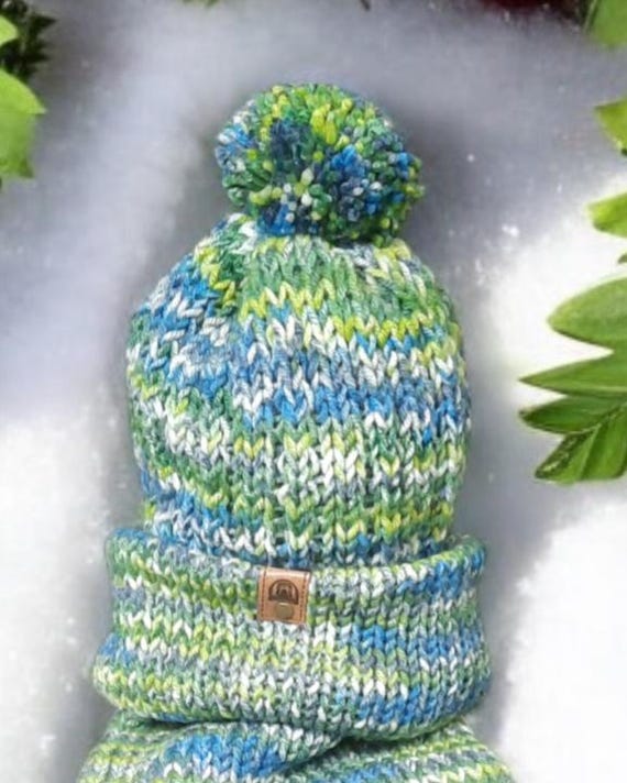 Handmade Knit Hat and Scarf Set: Blue Green Multi Acrylic - Etsy