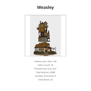 May include: A cross-stitch pattern titled Weasley featuring a tall, multi-story house with brown, grey, and tan pixelated details. Text includes: Pattern size: 108 x 144, Fabric count: 18, Finished size: 6.0 x 8.0 inches, Total stitches: 4,988, Number of strands: 4, Total skeins: 26.