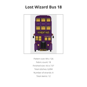 Puede incluir: Un patrón de punto de cruz titulado Lost Wizard Bus 18 que muestra un autobús de tres pisos morado con ventanas amarillas y el texto KNIGHT BUS. Los detalles incluyen un tamaño de 84 por 126, tela de 18 count, 11,7 por 17,8 cm, 6.094 puntadas, 4 hebras y 12 madejas.