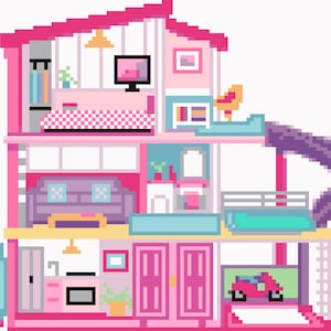 Könnte beinhalten: Eine Pixel-Art-Illustration eines mehrstöckigen Puppenhauses mit rosafarbenem Dach, violetter Rutsche und verschiedenen Räumen wie Küche, Wohnbereich und Schlafzimmer. Die Struktur enthält Möbel, ein kleines Motorrad in der Garage und Dekoration.